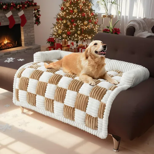 Vista 12 de LiveGo Fundas mullidas para sofá para mascotas, funda de sofá mullida, funda de sofá mullida color crema, cuadrada, a cuadros, alfombra de felpa