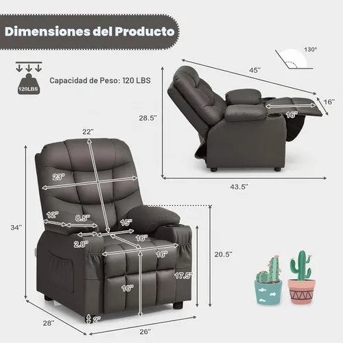 Vista 3 de GLACER Silla reclinable para niños con portavasos, bolsillos laterales Marrón