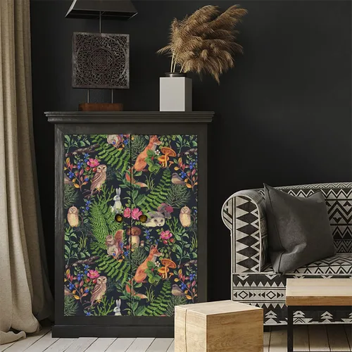 Vista 5 de Blooming Wall Papel tapiz autoadhesivo con diseño de animales lindos en bosque verde Fondo oscuro