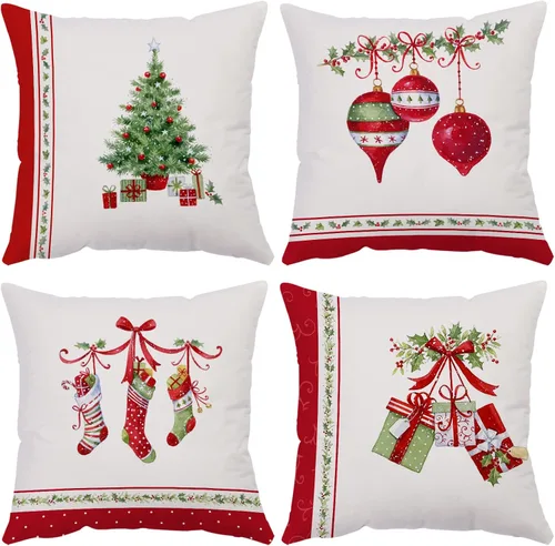Vista 12 de Fundas de Almohada Feliz Navidad 12x12 Juego de 4 Fundas de Almohada de Terciopelo de Navidad Rosa Navidad Invierno Vacaciones Fundas de Almohada