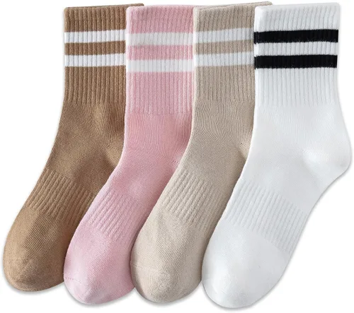 Vista 10 de YUWELL Calcetines crew a rayas para mujer, calcetines casuales de algodón cómodos para mujer, 4 pares, talla 5-10 4 pares-blanco beige negro gris
