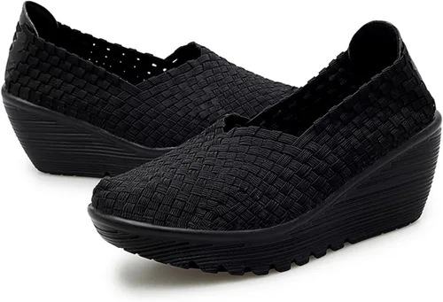 Vista 3 de Touchmosees - Sandalias de cuña con plataforma para mujer, con tejido y estilo Mary Jane, bombas cómodas para caminar