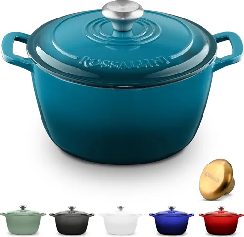Vista 12 de ROSSALLINI Olla Holandesa de Hierro Fundido Esmaltada con Firma, Olla de Servir Antiadherente con Tapa de Cierre Hermético para Asado Perfecto Azul