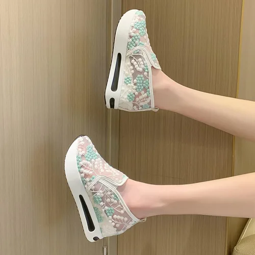 Vista 4 de Hbeylia Zapatos deportivos de plataforma de moda para mujer, bordado, malla floral, encaje de aire, suela gruesa, tacones altos ocultos, mocasines
