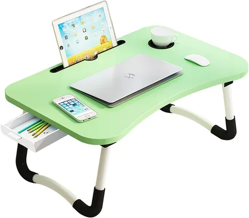 Vista 9 de Mesa portátil para laptop de oficina con cajón de almacenamiento, porta-taza y soporte para teléfono, mesa de bandeja para cama, escritorio plegable