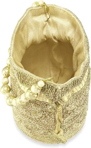 Vista 8 de Aheli Gold Potli - Bolsas de noche para mujer, bolso de mano étnico con cordón (P70G), Oro