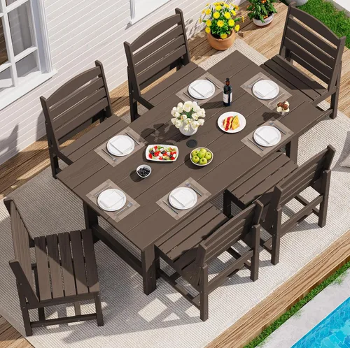 Vista 33 de SERWALL Juego de mesa de comedor de 7 piezas, muebles de comedor de polietileno de alta densidad para exteriores con agujero para paraguas y 6 Negro