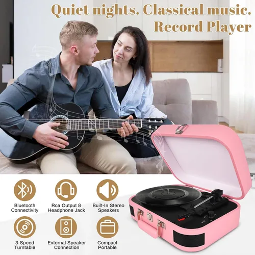 Vista 6 de Vintage Suitcase - Tocadiscos portátil Bluetooth de 3 velocidades con altavoces integrados, para discos de vinilo de 7/10/12 pulgadas (rosa)