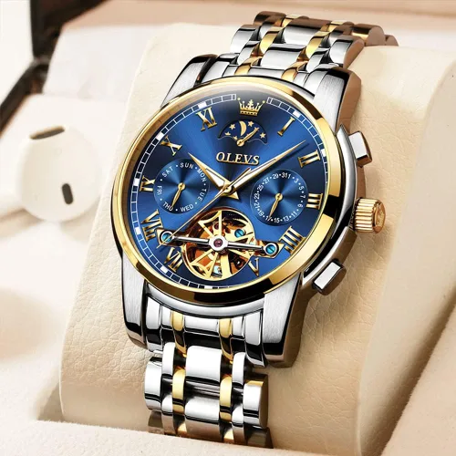 Vista 2 de OLEVS - Reloj mecánico automático Tourbillon Slef-Wind lujoso de acero inoxidable resistente al agua luminoso y con fecha