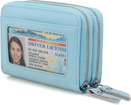 Vista 12 de KM Legend Cartera para mujer, delgada, con bloqueo RFID, tarjetero con ventana de identificación, monederos compactos con doble cremallera