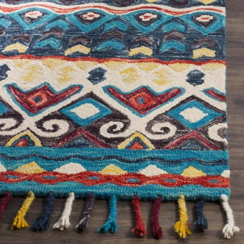 Vista 3 de SAFAVIEH Aspen Collection - Alfombra decorativa de 2 x 3 pies, azul y rojo, hecha a mano, lana trenzada con borlas, ideal para zonas de alto tráfico