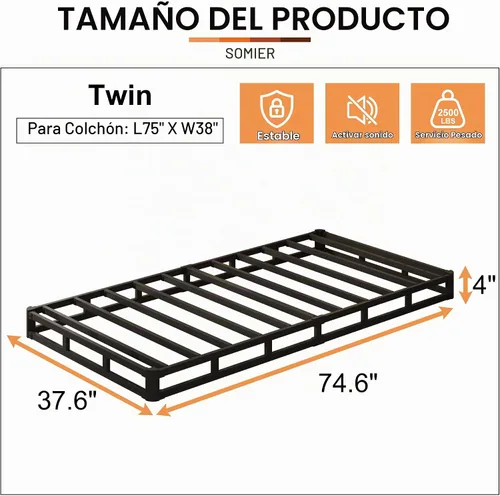 Vista 2 de EMODA Base de cama de metal resistente de 4 pulgadas con cubierta de tela, fácil montaje