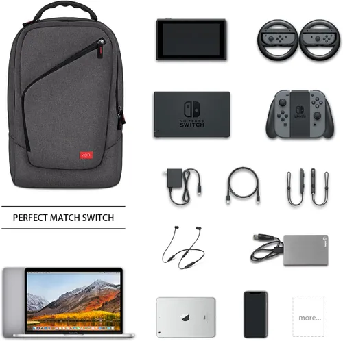 Vista 2 de VORI Mochila de juegos para Nintendo Switch System y Switch OLED modelo 2021, bolsa de almacenamiento de viaje para accesorios Nintendo Switch, gris
