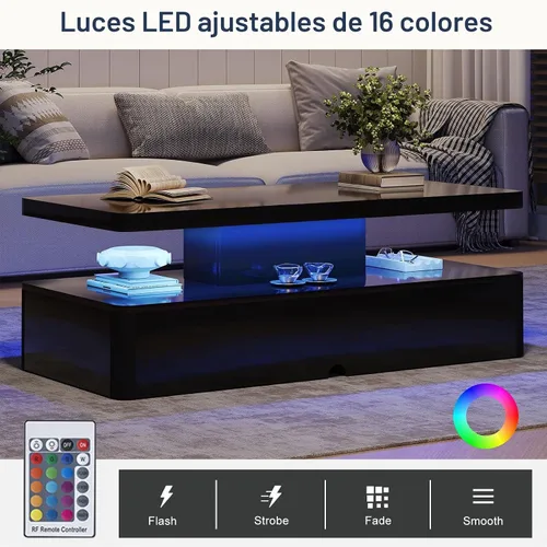 Vista 3 de MXV Mesa de centro moderna de 40 pulgadas con 16 luces LED de colores, mesa auxiliar rectangular de 2 niveles con almacenamiento, mesa central