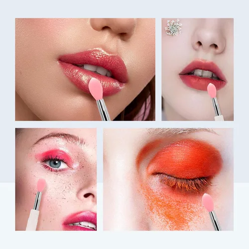 Vista 3 de Cepillo de labios de silicona, 4 varillas de brillo de labios rosa con tapa, cerdas de silicona suaves, 6 pulgadas de longitud, para brillo