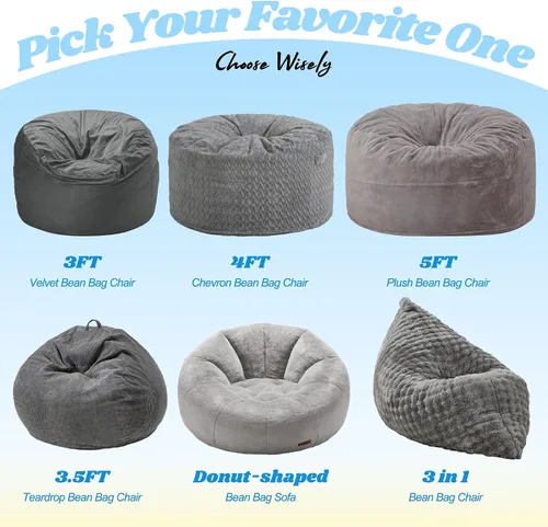 Vista 9 de Hobestluk Adult Bean Bag Chair 3 in 1 Convertible Large Bean Bag Sofa Ash Grey