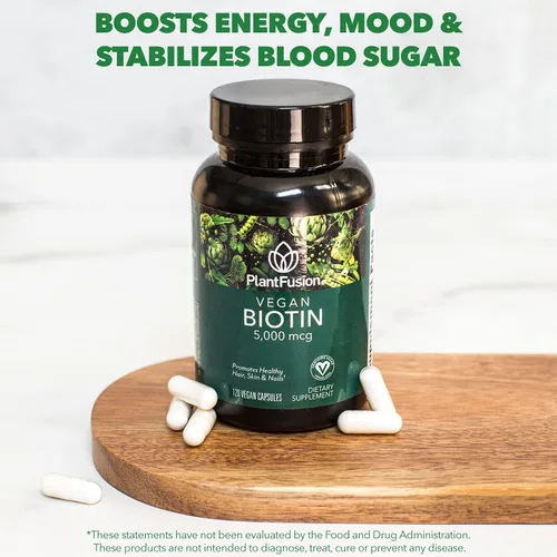 Vista 6 de PlantFusion Biotina vegana de biotina vegana prémium para mujeres y hombres (5000 mcg), vitaminas naturales para la piel y las uñas, 120 cápsulas