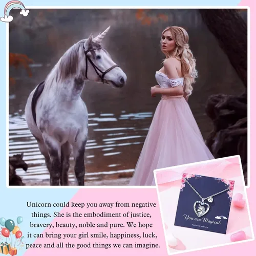 Vista 5 de Regalos de unicornios para niñas, dije de corazón chapado en oro blanco de 14 quilates con circonita cúbica You Are Magical Unicorn Necklace Girls