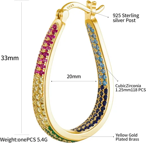 Vista 2 de Arracadas con poste para mujer, de plata de ley 925, diseño ovalado y grueso con circonias cúbicas multicolor y chapado en oro de 14 quilates