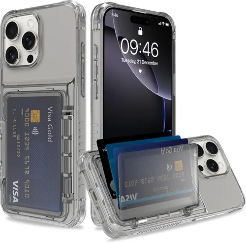Vista 6 de Funda tipo cartera para iPhone 13 Pro Max con 3 ranuras para tarjetas de crédito, a prueba de golpes, híbrida, resistente, transparente Cubierta