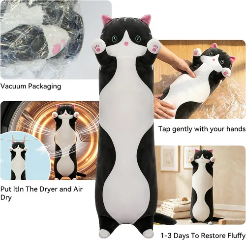 Vista 7 de Almohada de Cuerpo Largo de Felpa de Gato Bonito – Muñeca Suave de Peluche de Dibujos Animados, Juguete de Abrazo de Peluche de Gato Kawaii