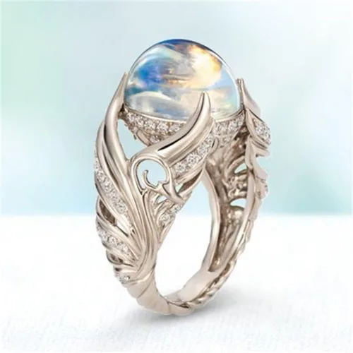 Vista 3 de Anillo de plata de ley 925 espiritual con alas de ángel, anillo de boda, joyería de diamante de piedra lunar, accesorio casual, anillos de compromiso