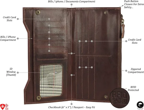 Vista 2 de Mou Meraki Cartera larga con bloqueo RFID de cuero genuino - Vintage Bifold para hombres