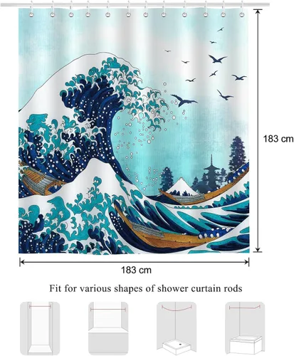 Vista 6 de Bonhause Great Wave - Cortina de ducha con diseño de anime japonés Kanagawa, color azul océano, 72 x 72 pulgadas, tela de poliéster, impermeable