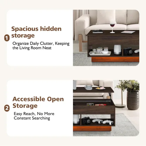 Vista 14 de HOMMPA Mesa de centro moderna con tapa elevable con almacenamiento para sala de estar, mesa de centro LED, mesa de comedor de madera con 2 cajones
