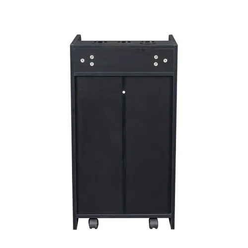 Vista 4 de SSLine Estación de salón moderna, soporte de piso negro, gabinete de madera para estilista, peluquería, peluquería, mesa de almacenamiento clásica