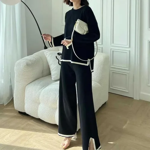 Vista 2 de MaLinfandor Conjunto de 2 piezas de suéter de punto para mujer, sudadera de manga larga, pantalones elásticos de pierna ancha, conjunto de ropa