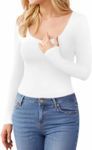 Vista 4 de MANGOPOP Double Lined Bodysuit Women Long Sleeve Scoop Neck Bodysuit Basic Shirts Tops