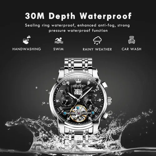 Vista 5 de OLEVS Reloj mecánico automático de acero inoxidable con diseño de esqueleto Tourbillon de cuerda automática vestido de negocios de lujo con fecha