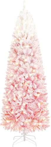 Vista 15 de Yaheetech Árbol de Navidad de Abeto Tipo Lápiz Preiluminado con Nieve Artificial de 6 pies con Bisagras, Árbol de Navidad Delgado para Esquina Negro