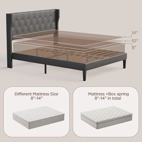 Vista 8 de Aiho - Base de cama tapizada de tamaño matrimonial con cabecera con respaldo de ala, color gris oscuro Button Tufted Headboard, Wood Slat Support