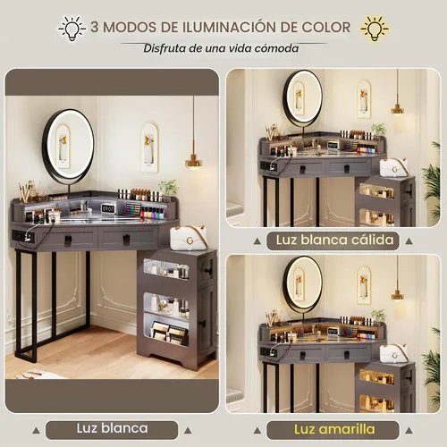 Vista 3 de FREDEES - Vanidad de maquillaje con espejo y luces Corner Makeup Desk with Drawers and Shelves, Vanity Table with Charging Station and Stool for