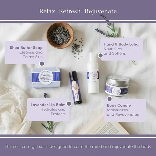 Vista 2 de Victoria's Lavender Set de regalo: jabón hecho a mano, loción para manos y cuerpo, bálsamo labial, productos de lavanda de lujo, regalos ideales