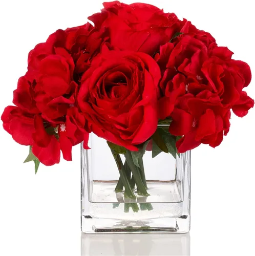 Vista 7 de ENOVA FLORAL Pequeñas flores falsas de seda azul con jarrón, arreglo floral artificial de rosas mixtas y hortensias en jarrón con agua sintética