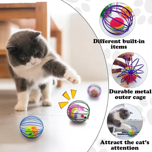 Vista 3 de Andiker Pelota de juguete para gatos, 6 piezas de juguete interactivo para gatos, ratón enjaulado y pelota para que los gatos persigan y agarren