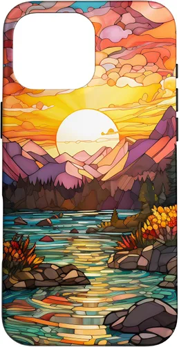 Vista 19 de iPhone 16 Sunset Stained Glass Mosaic Landscape Scene Case
