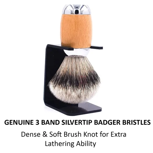 Vista 5 de Taconic Shave 's Extra denso 100% 3 bandas Silvertip Badger Cepillo de afeitar de lujo – Madera de haya y mango cromado – Soporte de afeitar incluido
