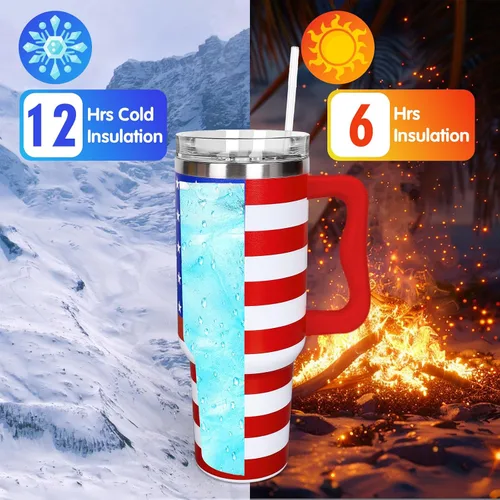 Vista 4 de Whaline Vaso patriótico del 4 de julio de 40 oz con asa, pajita y tapa, estrellas y rayas en rojo, azul y bandera de EE. UU., vaso de viaje del día