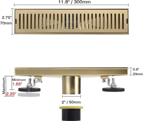 Vista 5 de Desagüe lineal de ducha dorado cepillado de 12 pulgadas, rejilla rectangular extraíble con patrón de cápsula de drenaje de ducha con adaptador