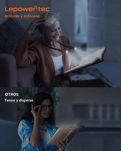 Vista 7 de LEPOWER-TEC Luz de libro, 3 colores y 5 brillos, luz de cuello de lectura