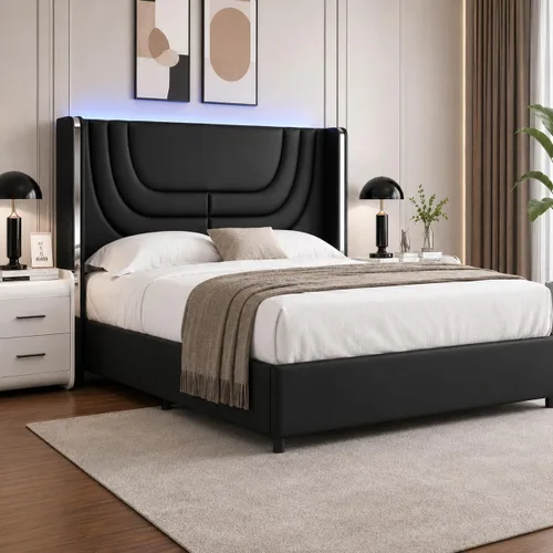 Vista 10 de REVOMINCA Base de cama individual con luces LED, plataforma tapizada de piel sintética con cabecera de ala plateada, estilo moderno, no necesita
