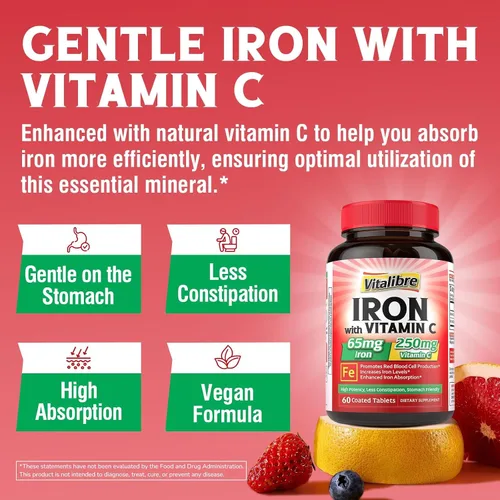 Vista 3 de Suplemento de hierro, 65 mg de hierro carbonilo con 250 mg de vitamina C, píldoras de hierro amigables con el estómago para mujeres y hombres, alta