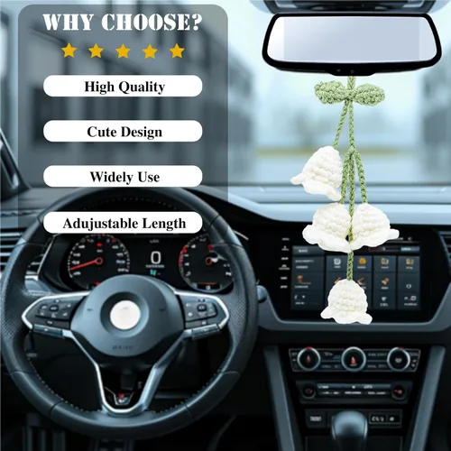 Vista 3 de Accesorios para colgar espejos de automóvil, colgante de flor de lirio tejido hecho a mano, bonita decoración colgante de ganchillo para espejo