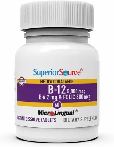Vista 4 de Superior Source No Shot Vitamina B12 Metilcobalamina (5000 mcg), B6, ácido fólico, tabletas sublinguales de disolución rápida, 60 unidades, aumenta