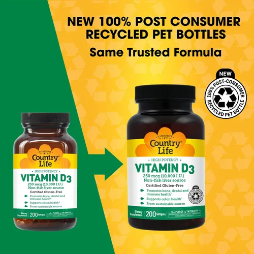 Vista 2 de Country Life Vitamina D3 10,000 UI – Fuente de alta potencia sin pescado – Apoyo óseo e inmunológico – Certificado sin gluten – 200 cápsulas blandas