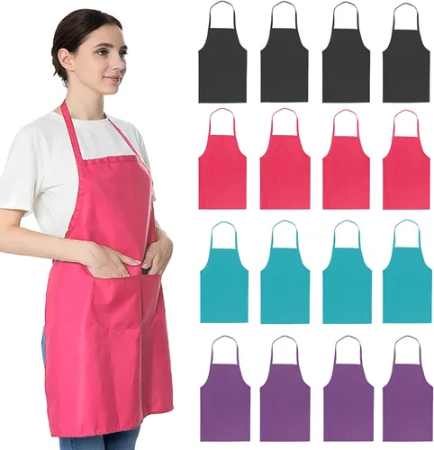 Vista 10 de Delantales azules a granel para mujeres y niñas con 2 bolsillos, delantales de cocina de restaurante de chef, delantales lisos, para artistas